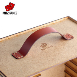 Detail of the leather handle of the carrying and display case Detail of the leather handle of the carrying and display case