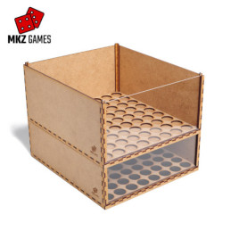 Cajas apilables apiladas entre sí con insertos para bases redondas