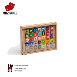 Expositor pequeño para dados de 16mm en posición vertical lleno de dados