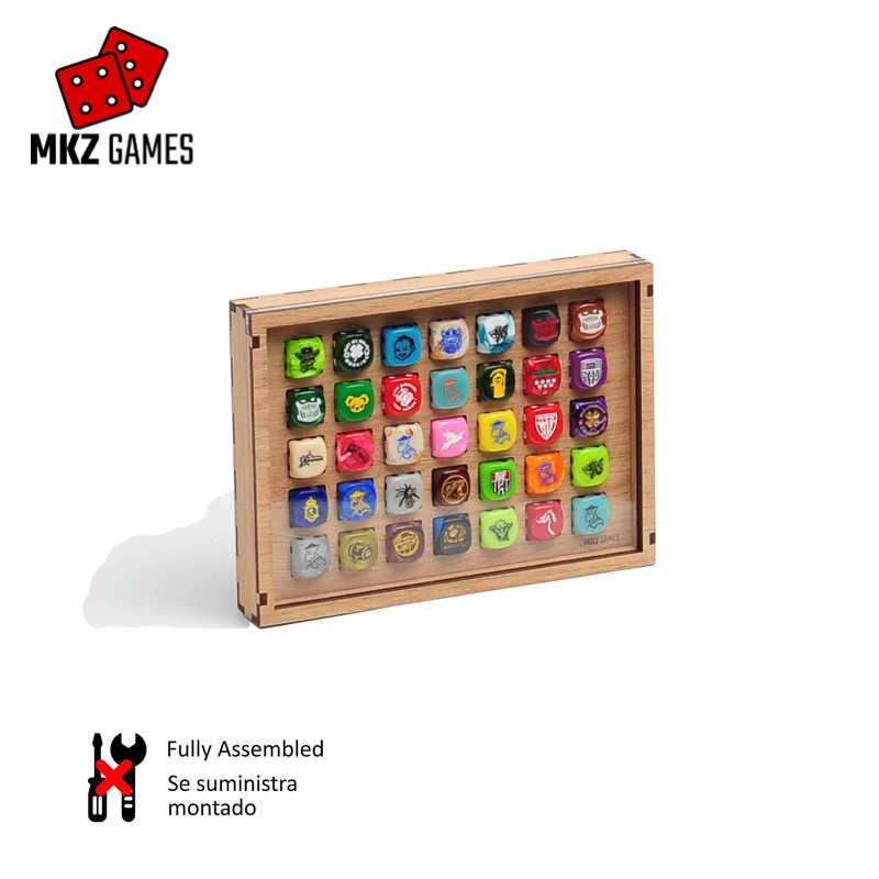 Expositor pequeño para dados de 16mm en posición vertical lleno de dados