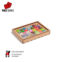 Expositor pequeño para dados de 16mm en posición horizontal lleno de dados