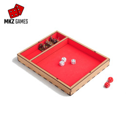 Bandeja tiradados en acabado de roble y espuma roja con dados y miniaturas