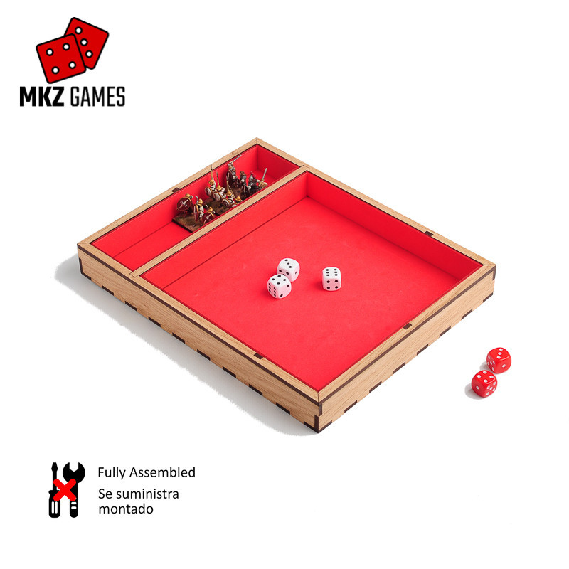 Bandeja tiradados en acabado de roble y espuma roja con dados y miniaturas