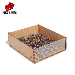 Caja apilable llena de miniaturas con frontal de metacrilato