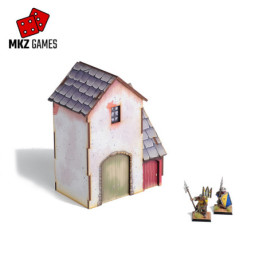 Casa del portón prepintada para wargames de fantasía medieval en 28-32mm de escala - vista frontal