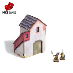 Casa del portón prepintada para wargames de fantasía medieval en 28-32mm de escala - vista posterior