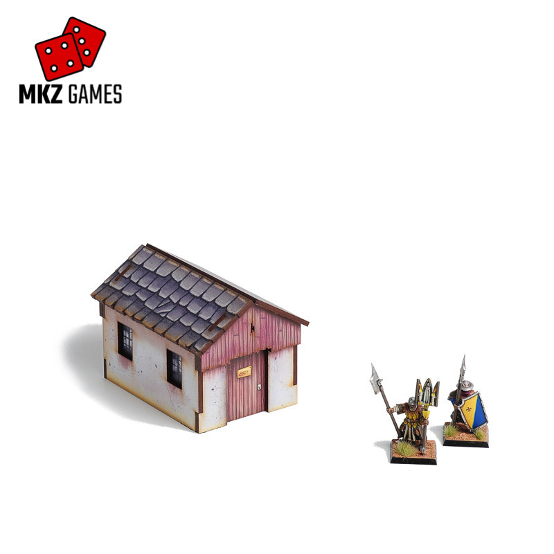 Cabaña prepintada para wargames de fantasía medieval en 28-32mm de escala - vista frontal