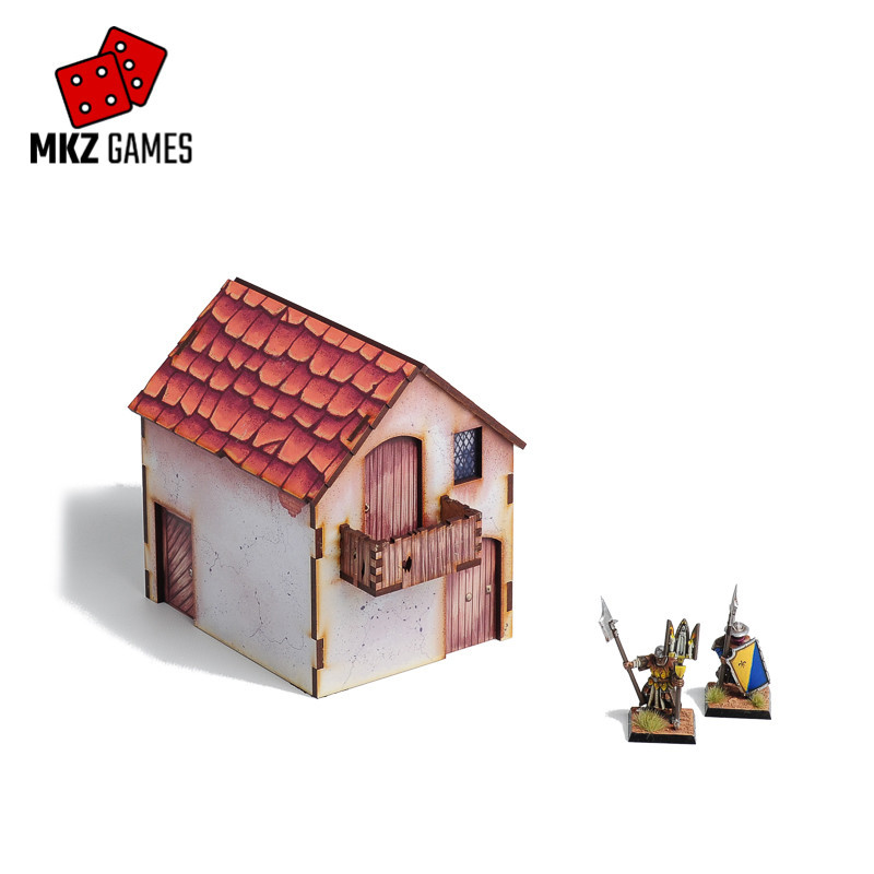 Casa con balcón prepintada para wargames de fantasía medieval en 28-32mm de escala - vista frontal