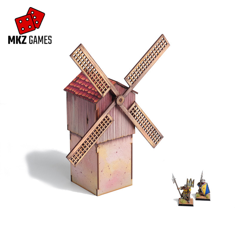 Molino de viento prepintado para wargames de fantasía medieval en 28-32mm de escala - vista frontal