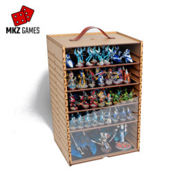 Maletín de transporte y exposición L de 20cm de profundidad lleno de miniaturas con puerta de metacrilato